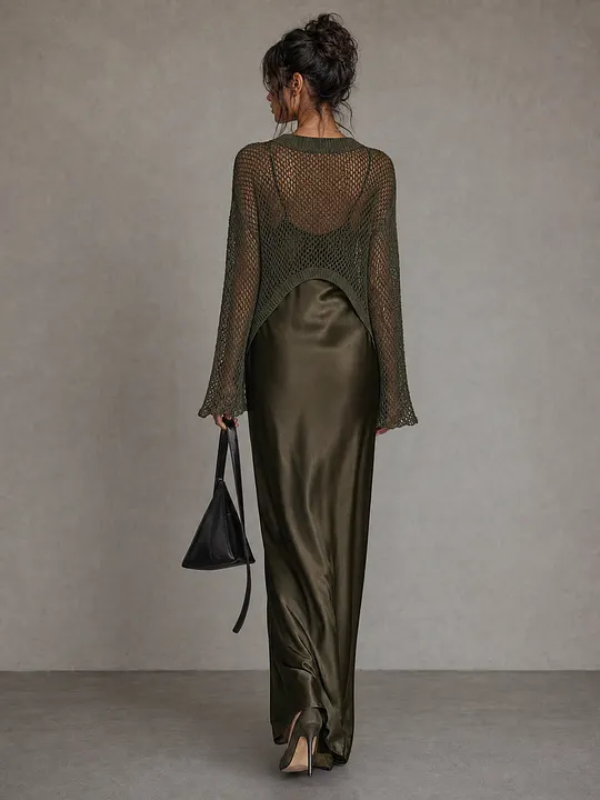 Women's Minimalist Satin Camisole Dress And Knit Cover-up Set