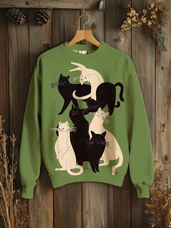 Men's Fun Art Black Cats And White Cats Print Casual Sweatshirt