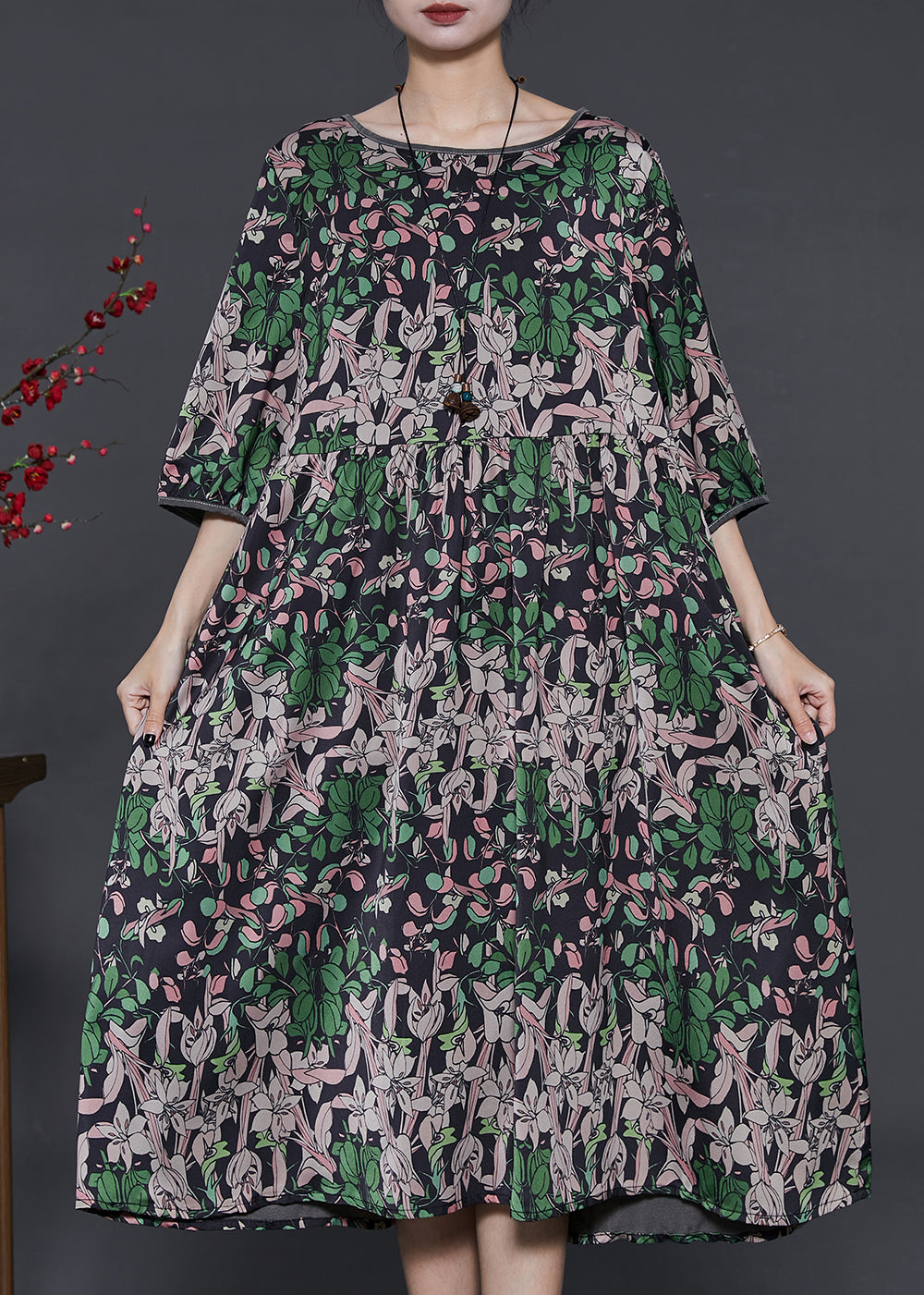 Italian Khaki Tasseled Pockets Cotton Maxi Dresses Spring main image 0