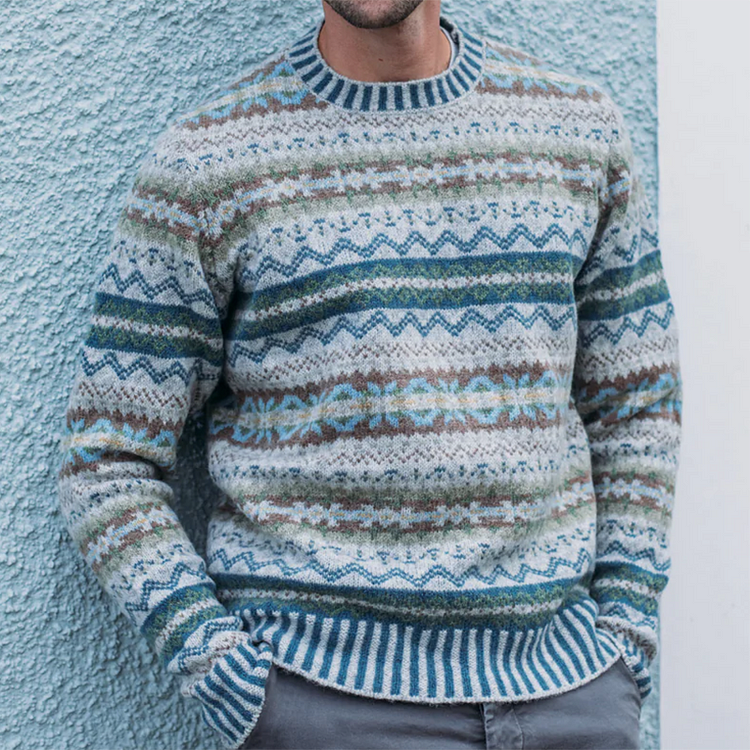 Vintage Shetland Knit Jacquard Icelandic Crew Neck Sweater（Unisex ）