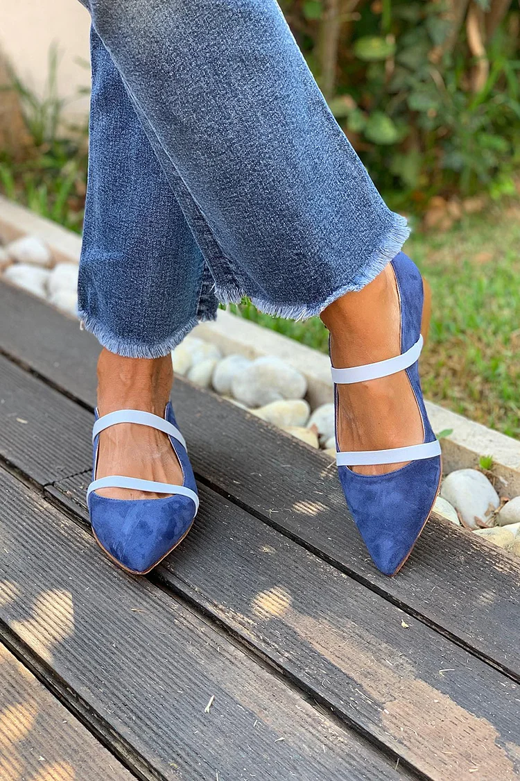 Matte Faux Suede Colorblock Two Straps Pointy Toe Flats