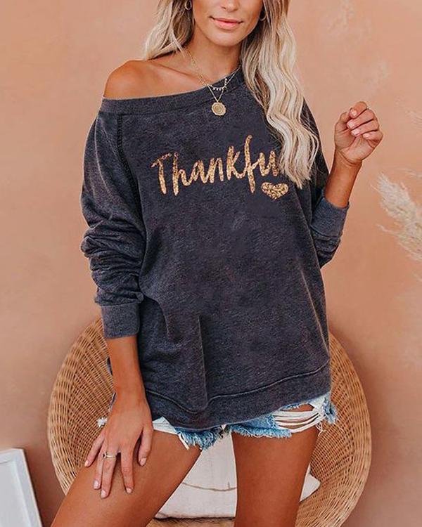 Thankful Print Round Neck Long Sleeve Sweatshirt