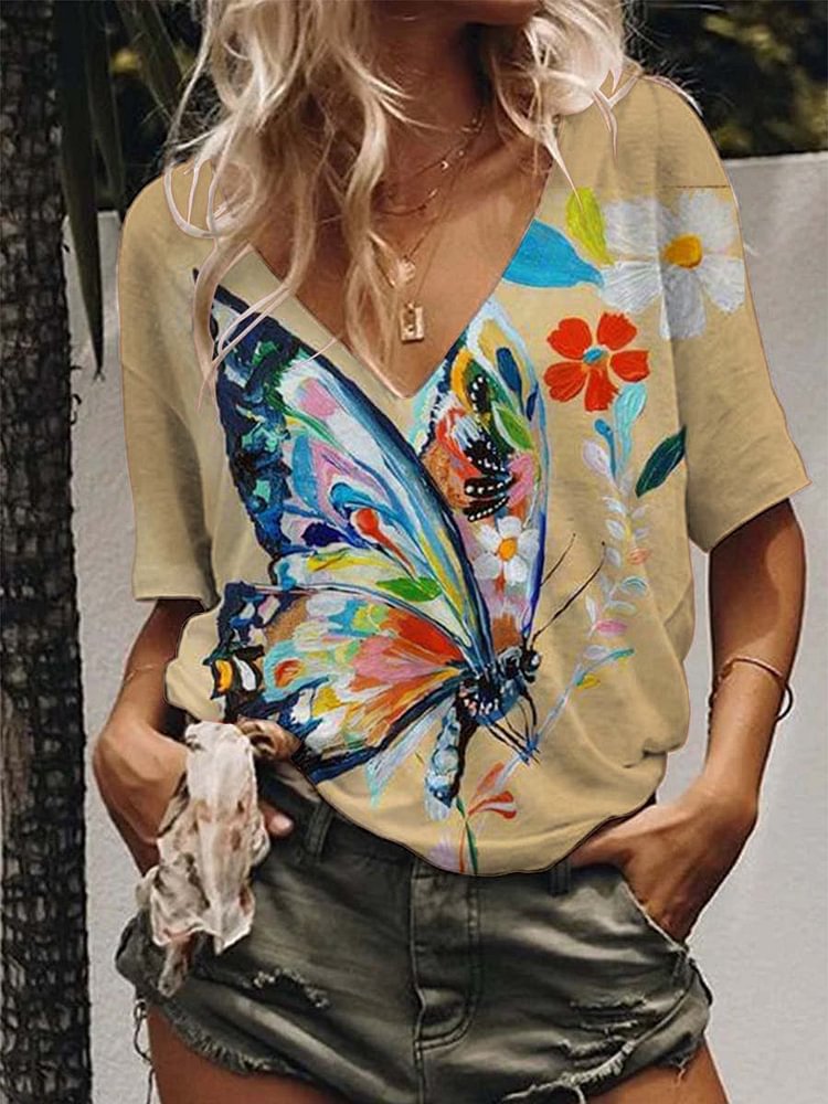 Bestdealfriday Butterfly Graphic V Neck Short Sleeve Loose Tee