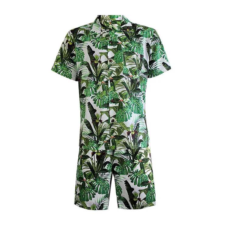 Men's Clothing Hawaiian summer short-sleeved men's and women's same style printed beach vacation casual quick-drying shirt shorts set_ ecoleips_old