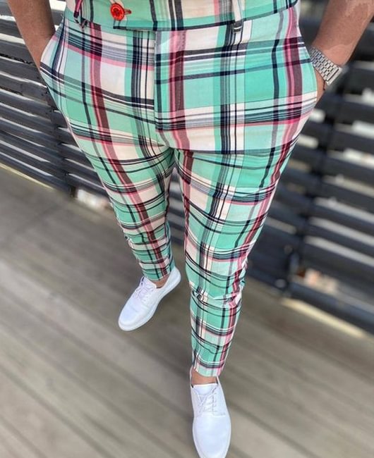 OK Fashion Color Block Plaid Print Slim Fit Pencil Pants