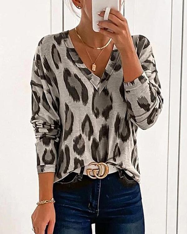 Leopard V-Neck Long Sleeves Casual Blouses - Chicaggo