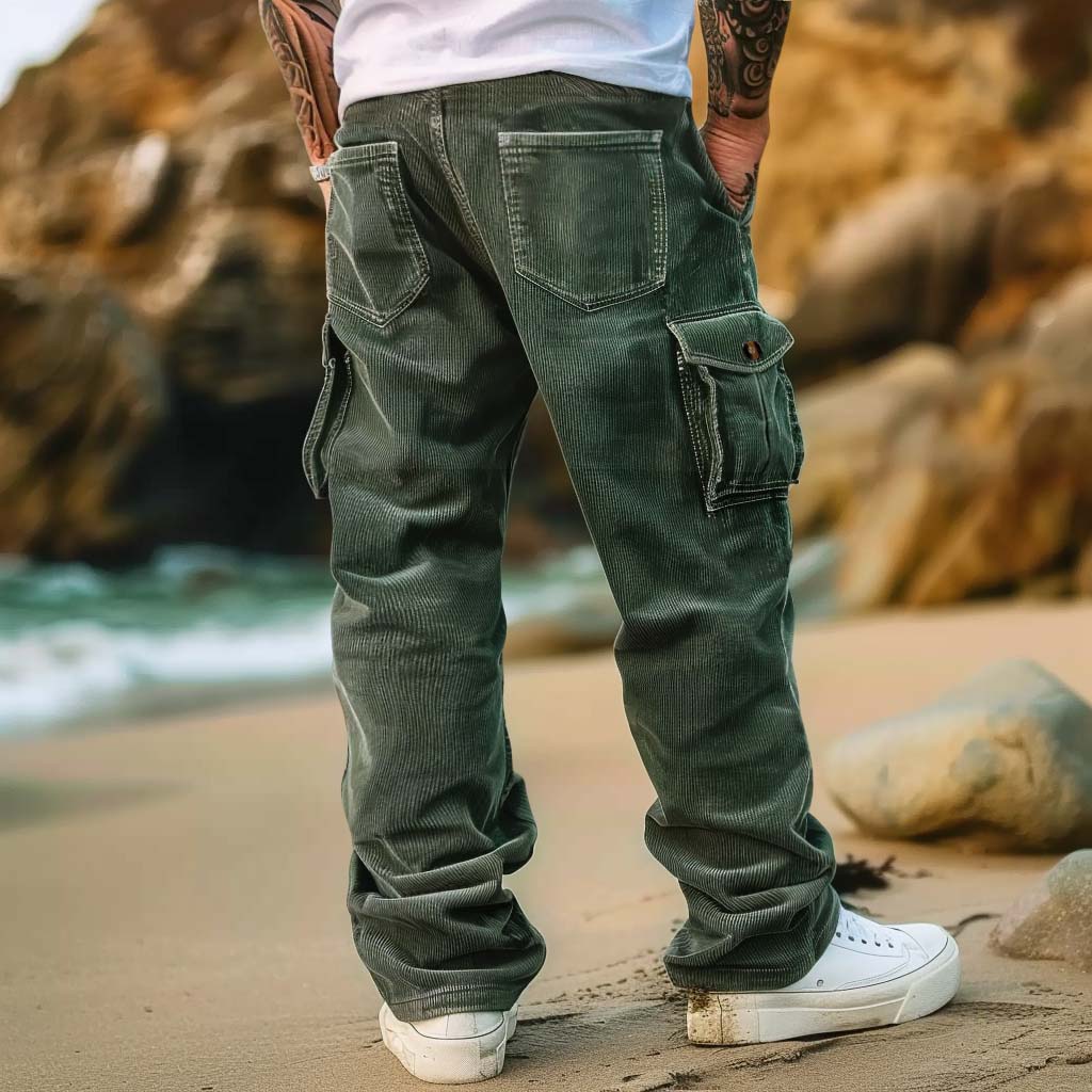 thesupersurf Men's Vintage Corduroy Surfing Multi-Pocket Cargo Pants