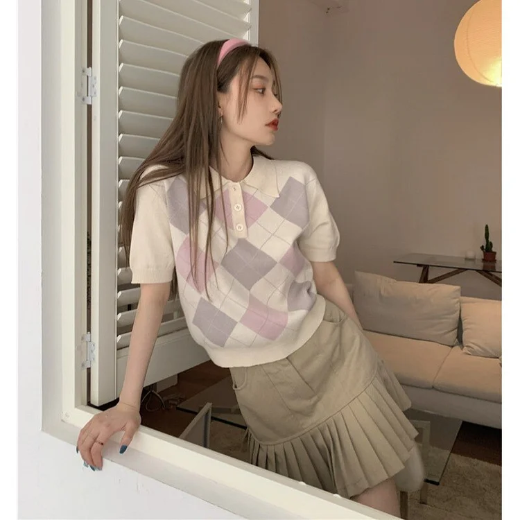 Retro Y2K Knitted Polo Neck Short Sleeve Crop Top BE148