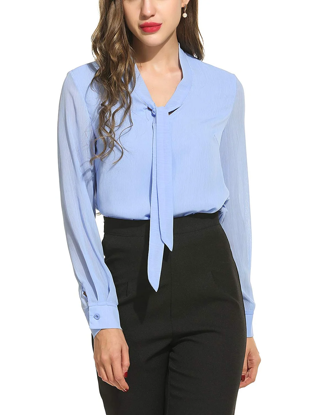 Womens Bow Tie Neck Long/Short Sleeve Casual Office Work Chiffon Blouse Shirts Tops