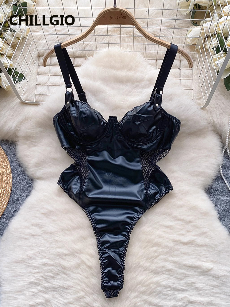 Billionm Women PU Mesh Strappy Rompers Lingerie Fashion One Piece