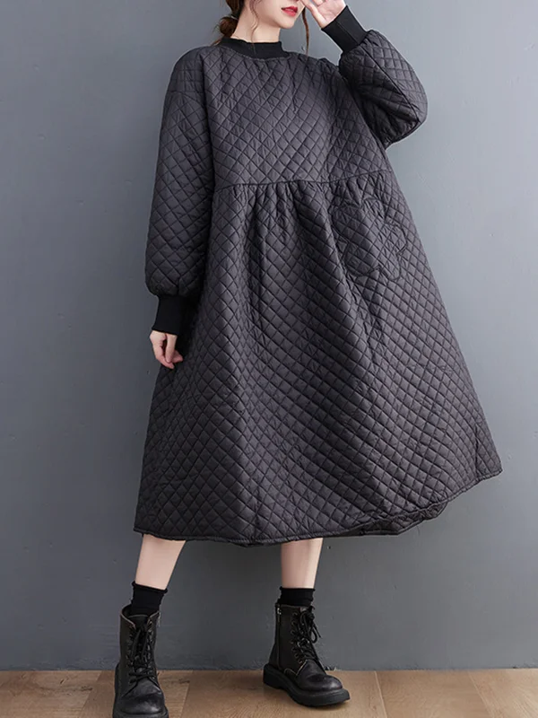 Casual Long Sleeves Roomy Keep Warm Pure Color Stand Collar Padded Midi Dresses