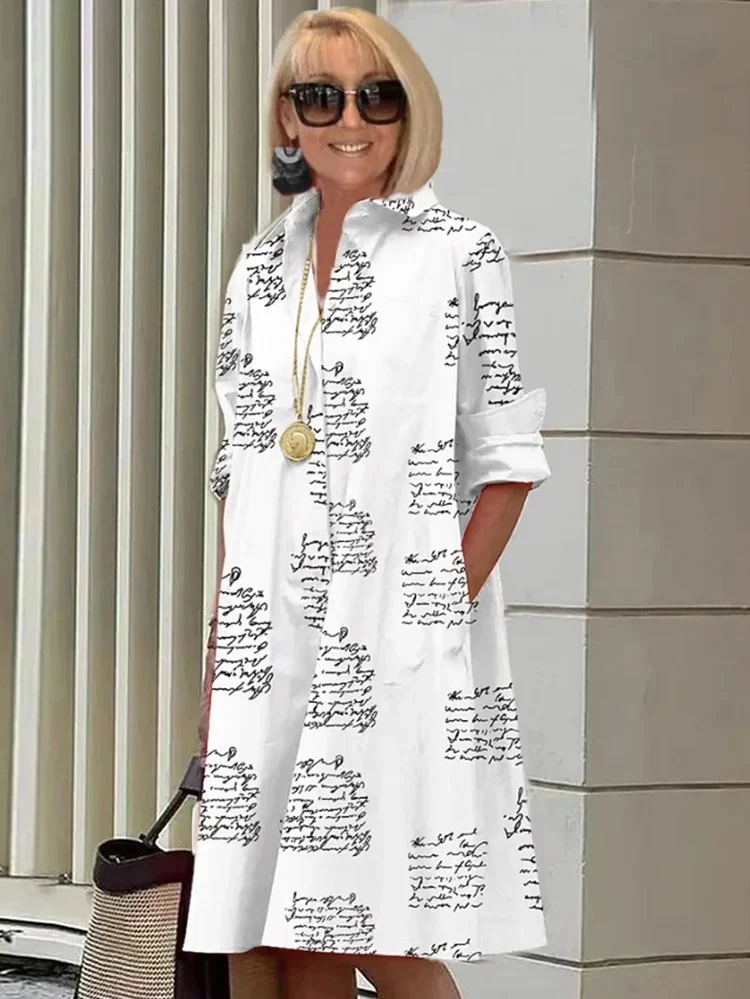 Casual Side Pockets Letter Printed Shirt Dress