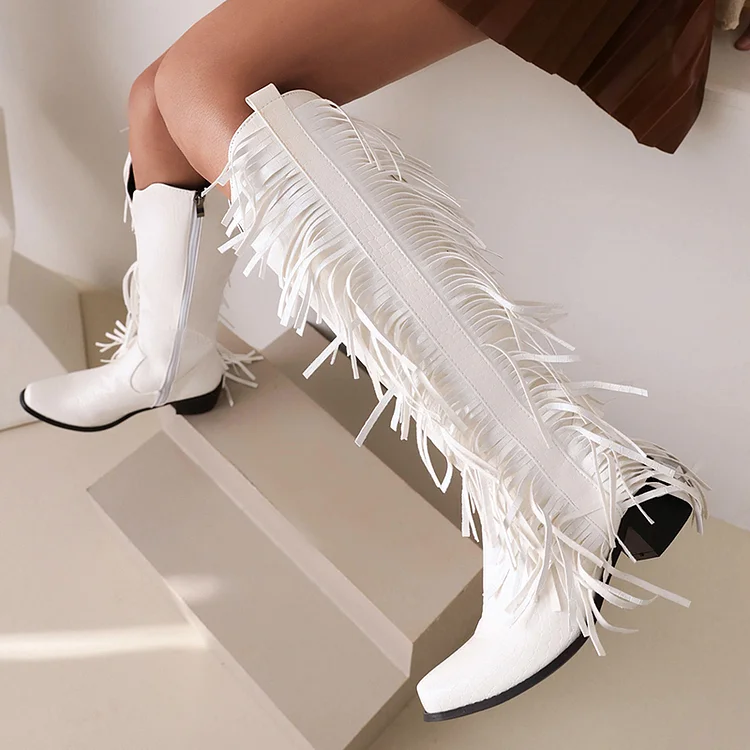 Fringe Chunky Heel Knight Boots-White