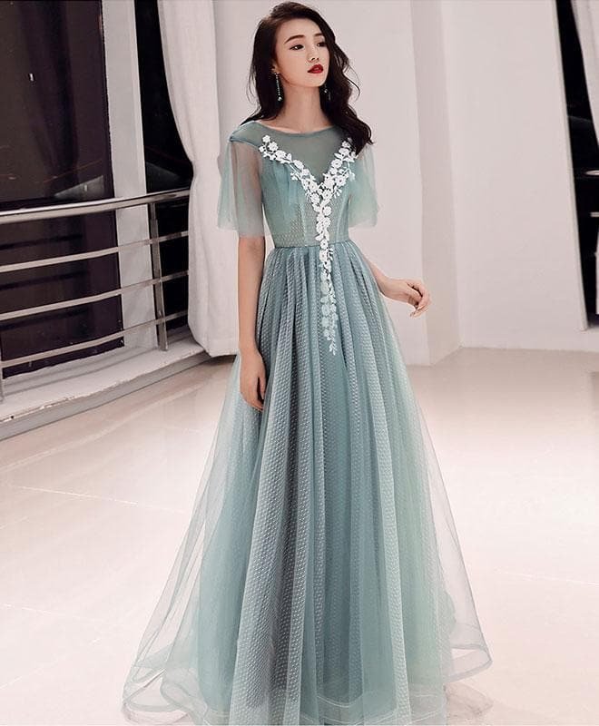 Green Round Neck Tulle Lace Long Prom Dress, Green Evening Dress