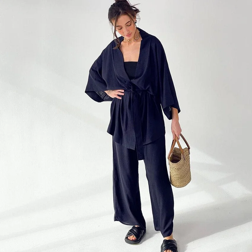 Graduation Gifts Drop Sleeve Robes Women Pajama Flare Sets Robe Low Cut Pijama Bathrobe Female Set Woman 2 Pieces Casual Pajamas With Pants
