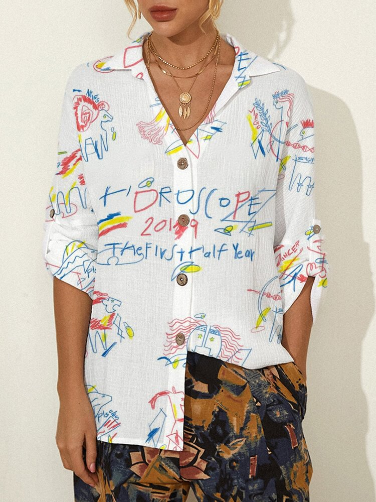 Graffiti Print Long Sleeve Button Lapel Casual Blouse For Women P1822681
