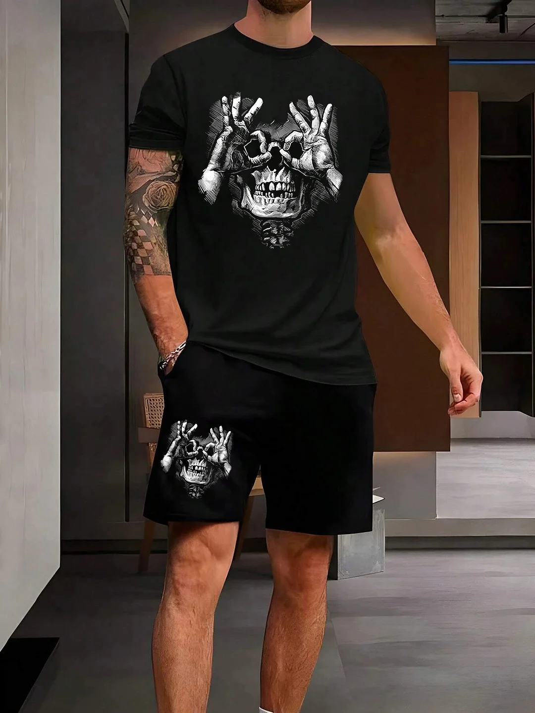 Skull with OK Gesture Black T-shirt and Shorts Printed Suit