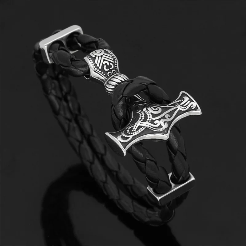 Thor hammer leather bracelet Viking totem titanium steel bracelet - Devcarry