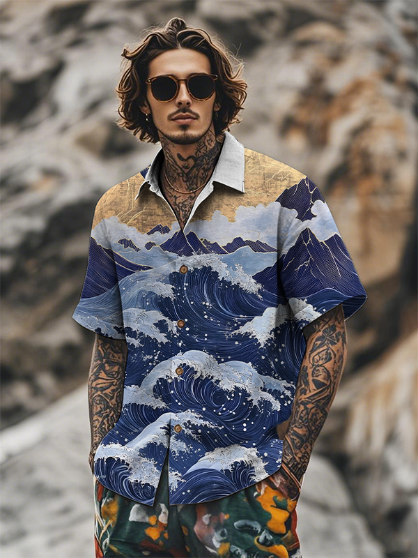 Men's Rough Sea Waves Color Block Art Print Short Sleeve Shirt