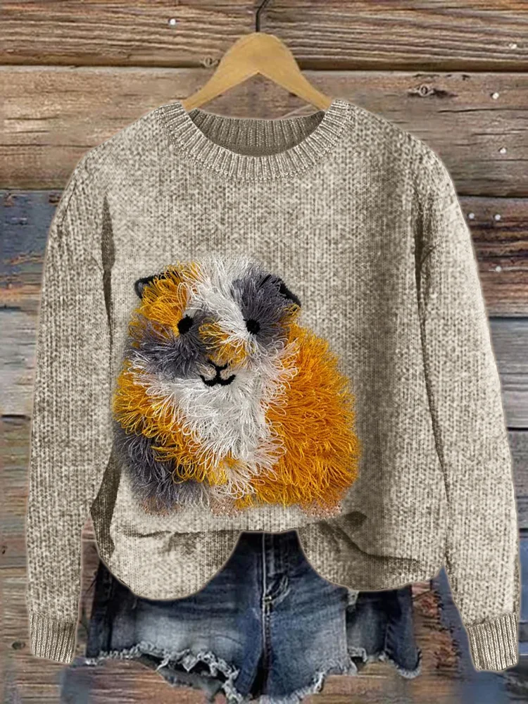 Fuzzy Guinea Pig Embroidery Cozy Knit Sweater