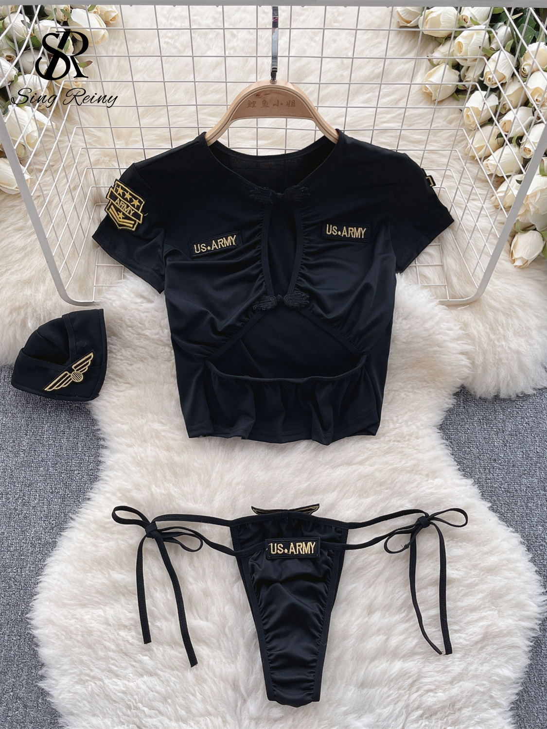 Uaang Female Police Uniform Sexy Lingerie Outfit Hollow Out Frog Mini