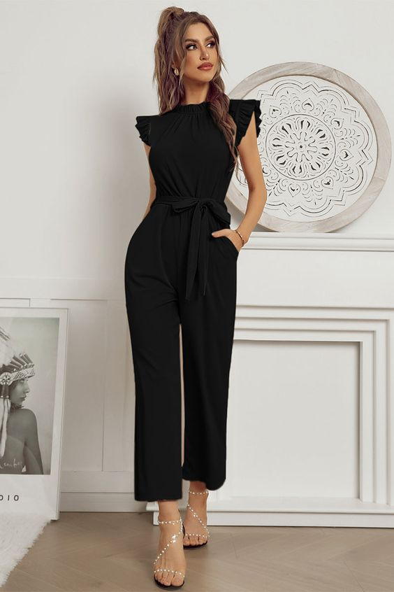 Lussooy Crew-Neck Black Sleeveless Daily Women's Jumpsuit With Belt