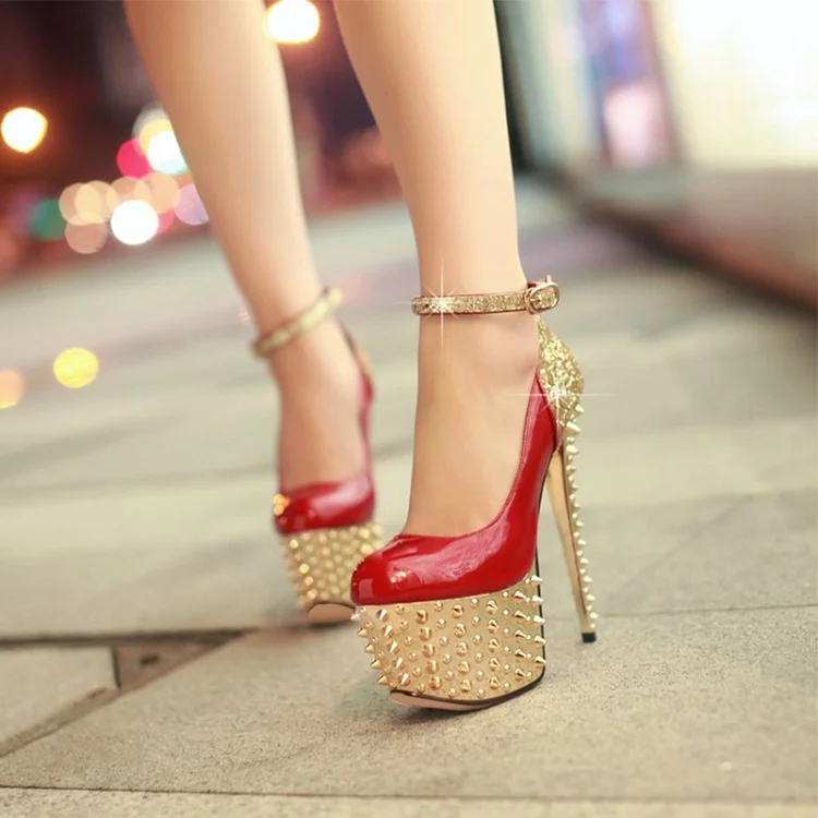 Glitter Red and Gold Stiletto Heels with Rivets - Perfect for Stripper Shoes Vdcoo