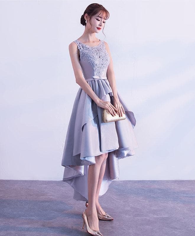 Gray High Low Lace Prom Dress, Lace Evening Dress