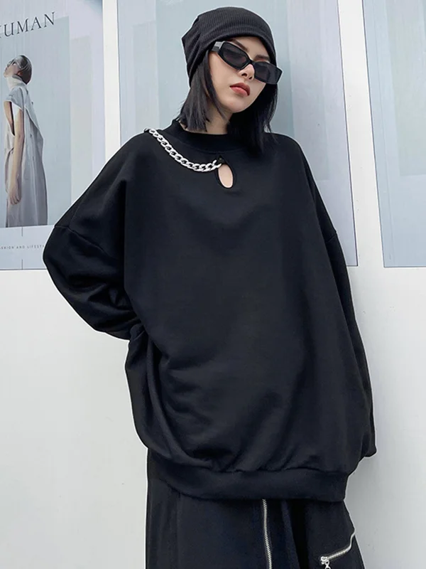 Casual Roomy Pure Color Chain Round-Neck Sweatshirt Top