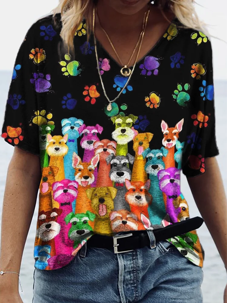 Socialshop Colorful Dogs & Paw Prints Graphic V Neck T Shirt socialshop