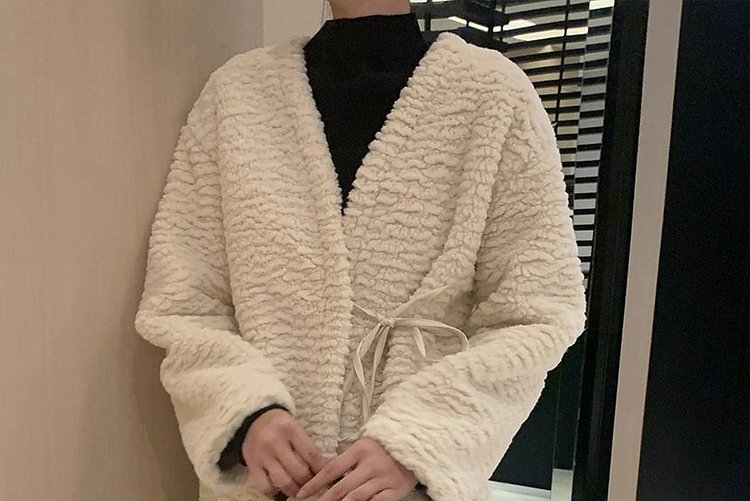 V-Neck Plain Tie Front Teddy Jacket ZL16