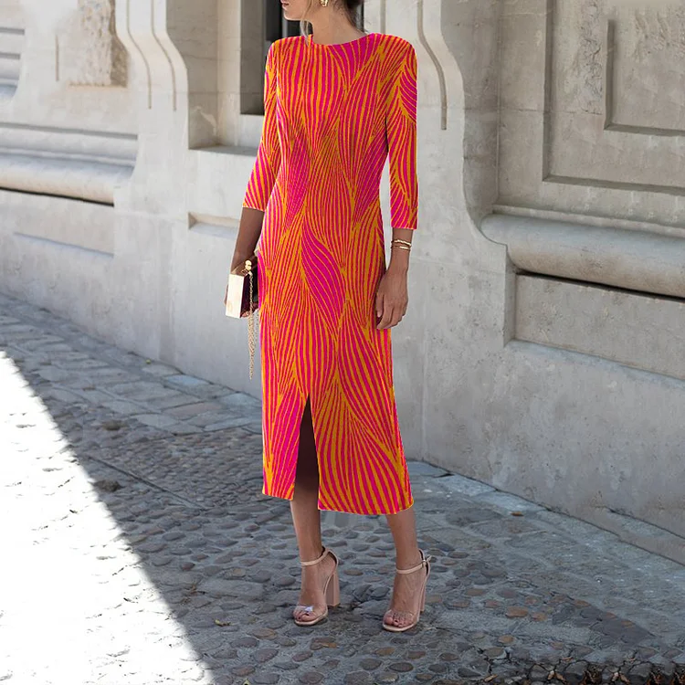 Vefave Geometric Contrast Stripe Print Midi Dress