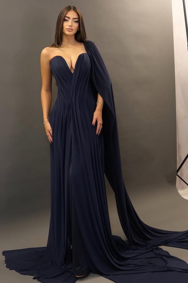 Lvs&Broner One Shoulder Sleeveless Long Prom Dress With Pleated Ruffles
