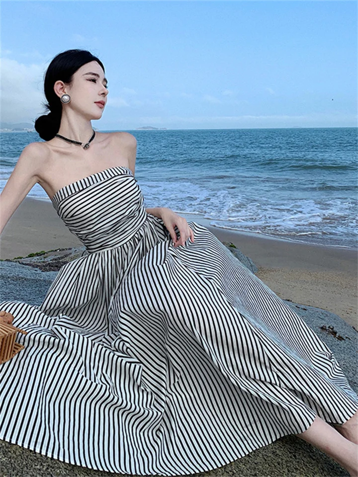 Women's Long Dress Maxi Dress Casual Dress Swing Dress A Line Dress Striped Basic Fashion Holiday Vacation Going Out Ruffle Print Sleeveless Square Neck Dress Regular Fit Black Red Blue Spring Summer