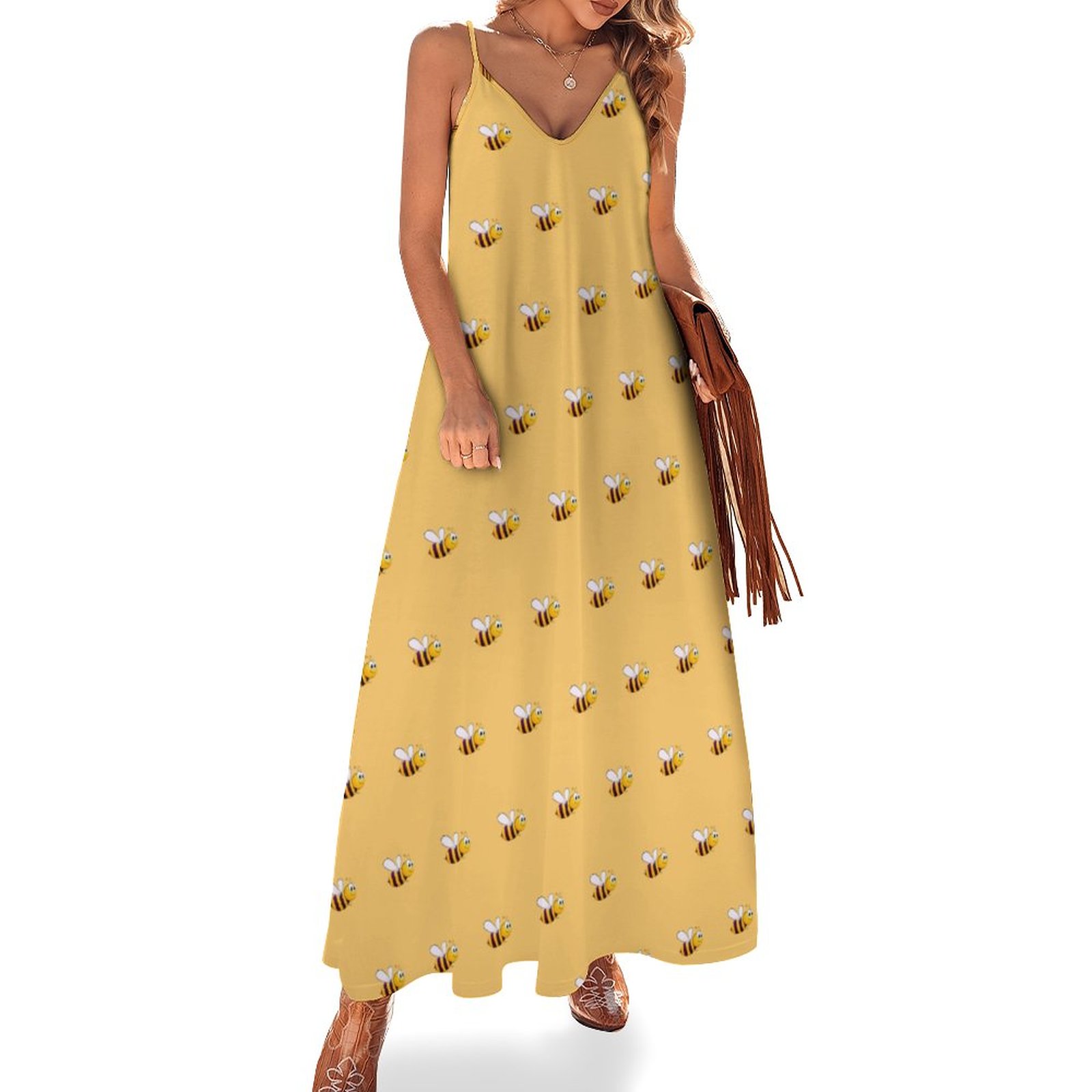 Yellow Bumble Bees Cute Funny Women's Casual Strappy V Neck Sleeveless Flowy Loose Long Maxi Beach Dress Sundress Yellow-3XL