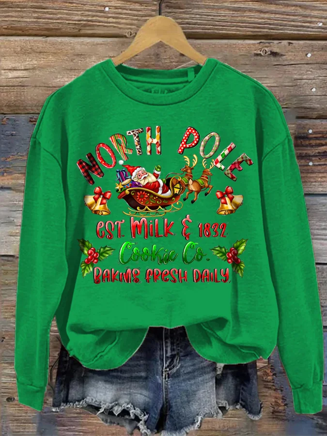 Women's Colorful Christmas North Pole Milk & Cookie Co. Baking Fresh Daily Sweatshirt
