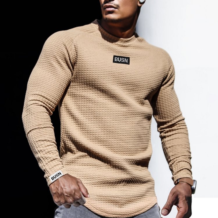 Men's Casual Slim Thick Tops Waffle Textured Long Sleeve T-Shirts Bottoming Shirts