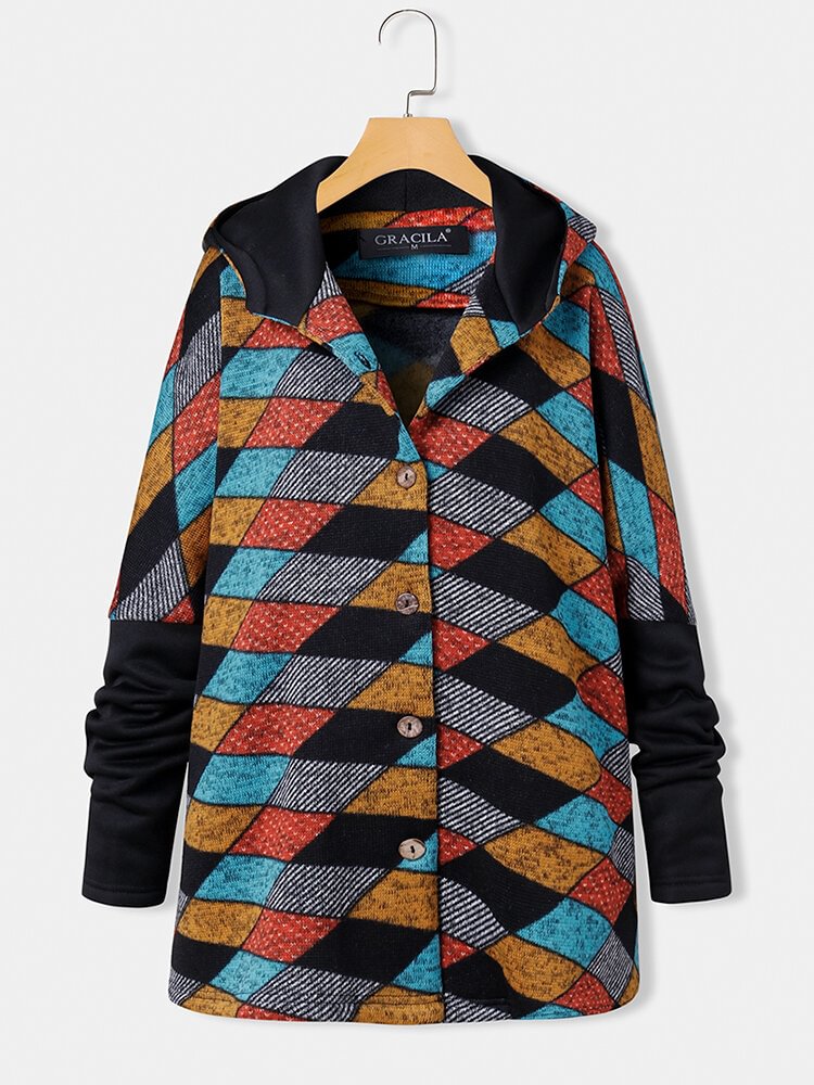 Vintage Plaid Print Long Sleeves Button Patchwork Casual Coat For Women