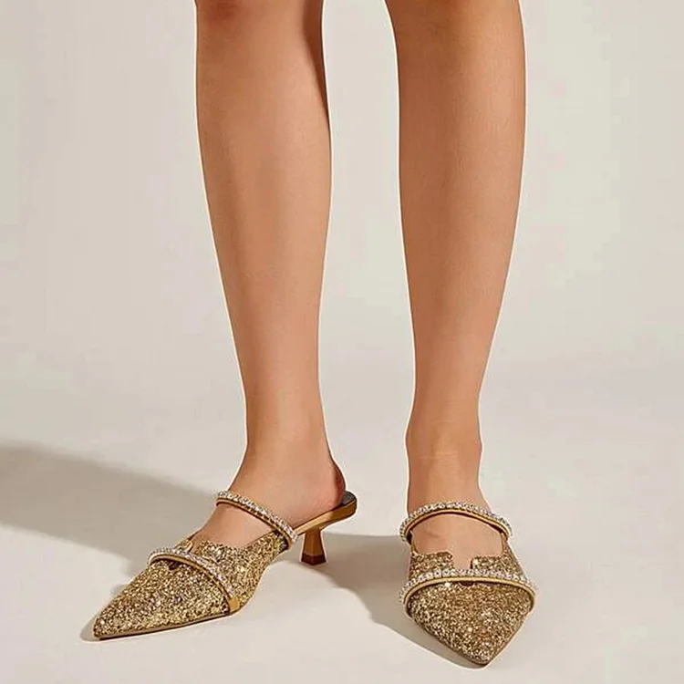 Gold Glitter Pointy Toe Kitten Heel Rhinestone Strap Mules for Women |FSJ Shoes