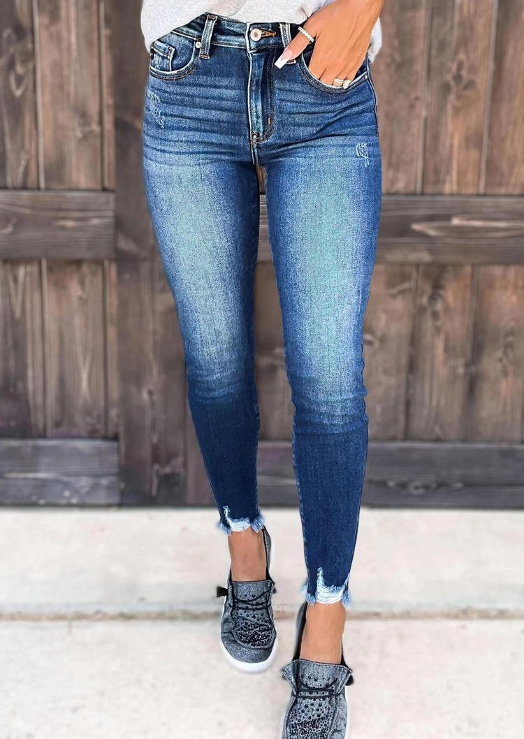 Ripped Frayed Pocket Denim Pants - Blue socialshop