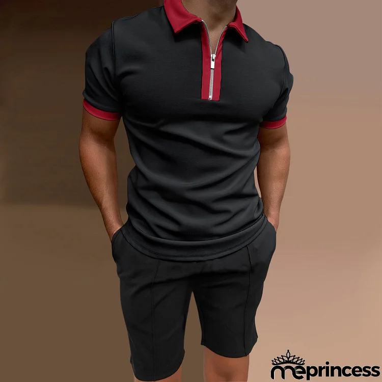 Men Casual Lapel Zipper Short-Sleeved Color Matching Polo Shirt And Shorts Two-Piece Set