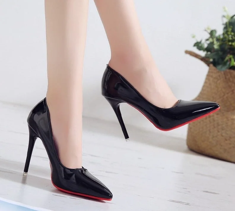 Nude Color High Heels Fashion 10cm Thin Heels Pumps Patent Leather Red Sole Single Shoes Wedding Banquet Woman Shoes