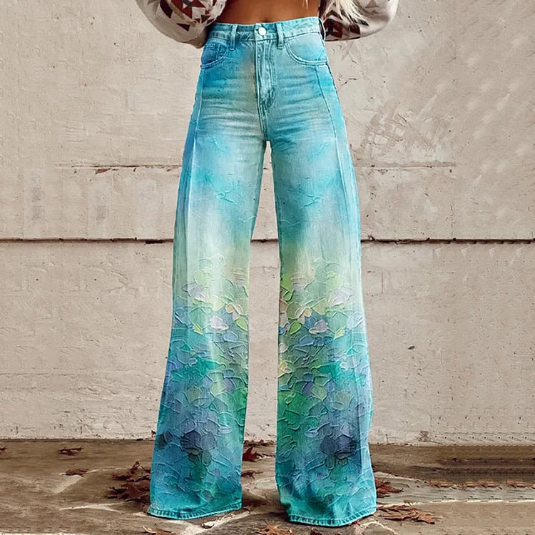 Comstylish Women'S Vintage Oil Painting Art Casual Wide Leg Jeans