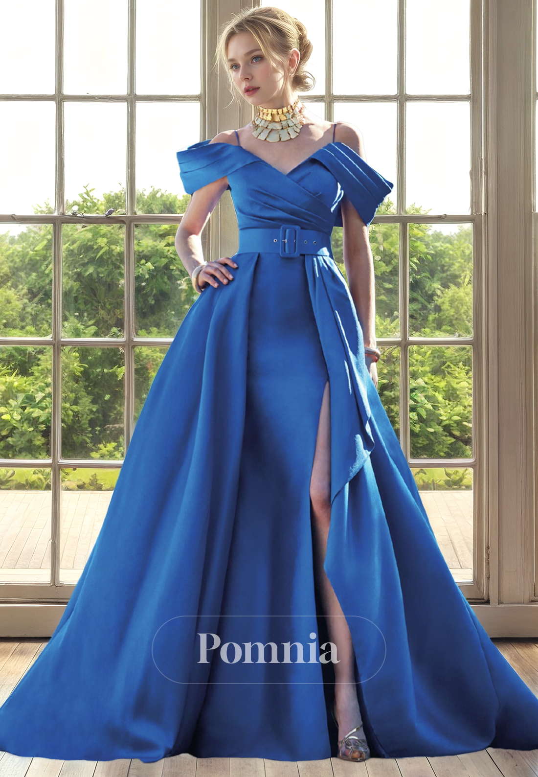 A-Line Strapless Cap Sleeves Empire-Waist Satin Pleated Long Mother of  Bride Dress
