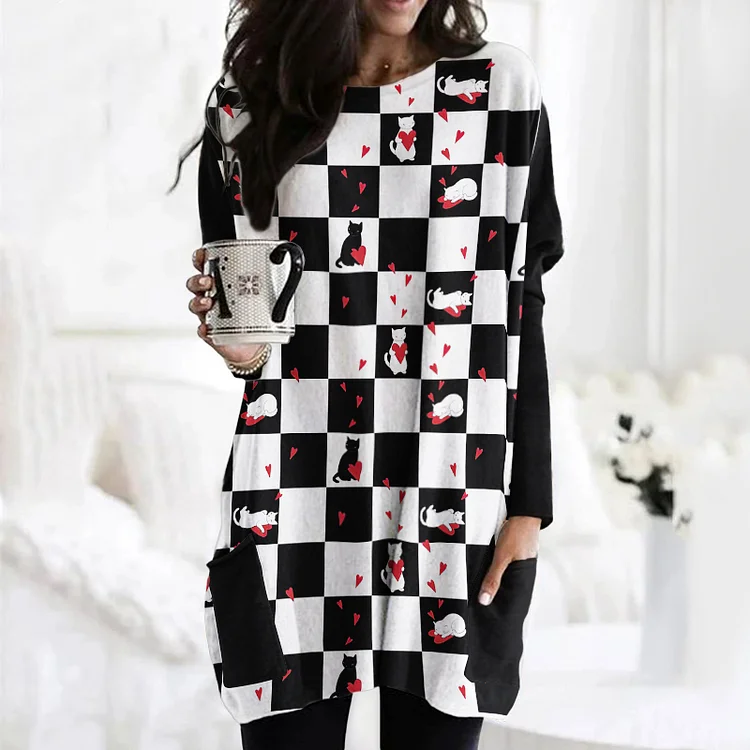 Vefave Black And White Plate Cat Print Tunic