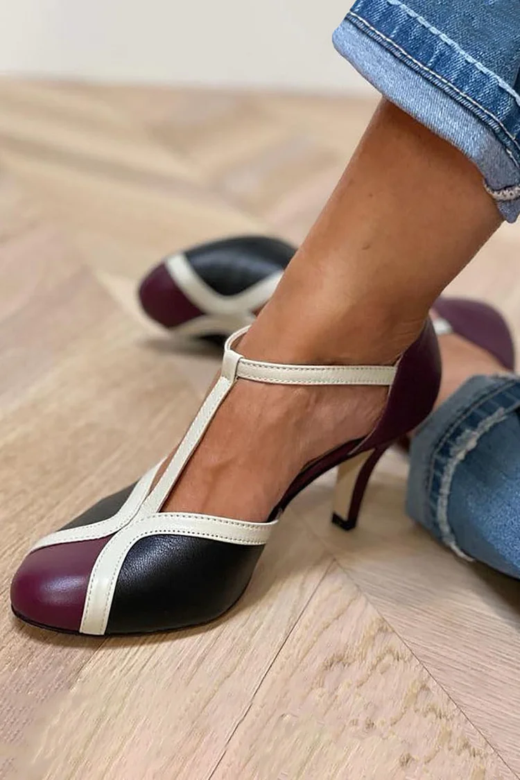 Contrast Color Block T-Strap Round Toe Stiletto Heels