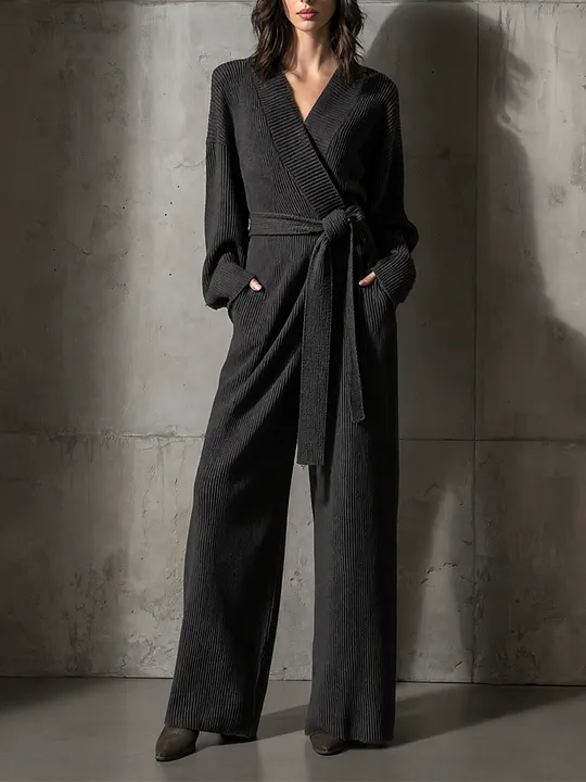 Women's Belted Wrap Solid Rib Knit Loungewear V Neck Wide Leg Jumpsuit MD