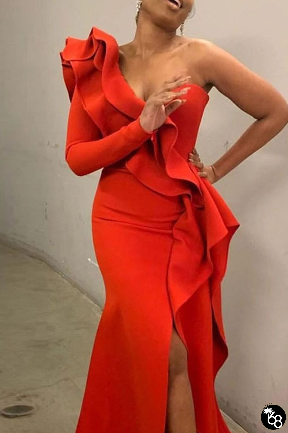 Red Elegant Solid Patchwork Flounce Asymmetrical Collar Evening Dress Dresses | 168DEAL