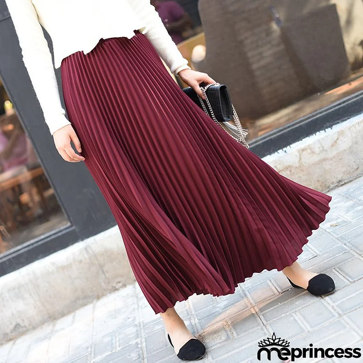 Elegant Women Autumn And Winter Solid Color Long Plus Size Pleated Skirt