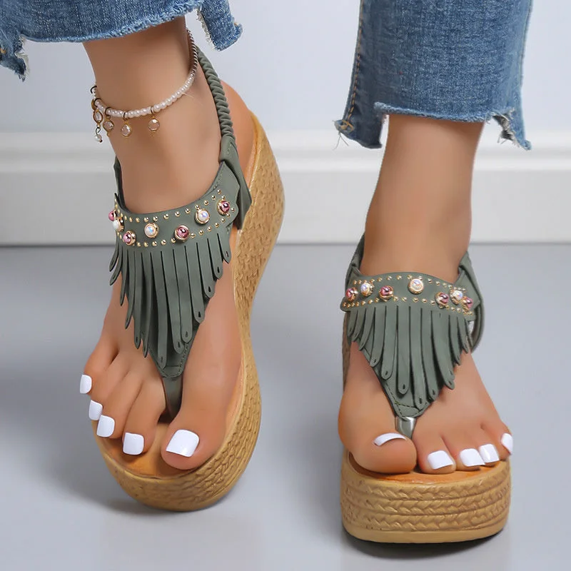 Women's Summer Tassel Wedge Flip Flops Thick Sole Beach Sandals